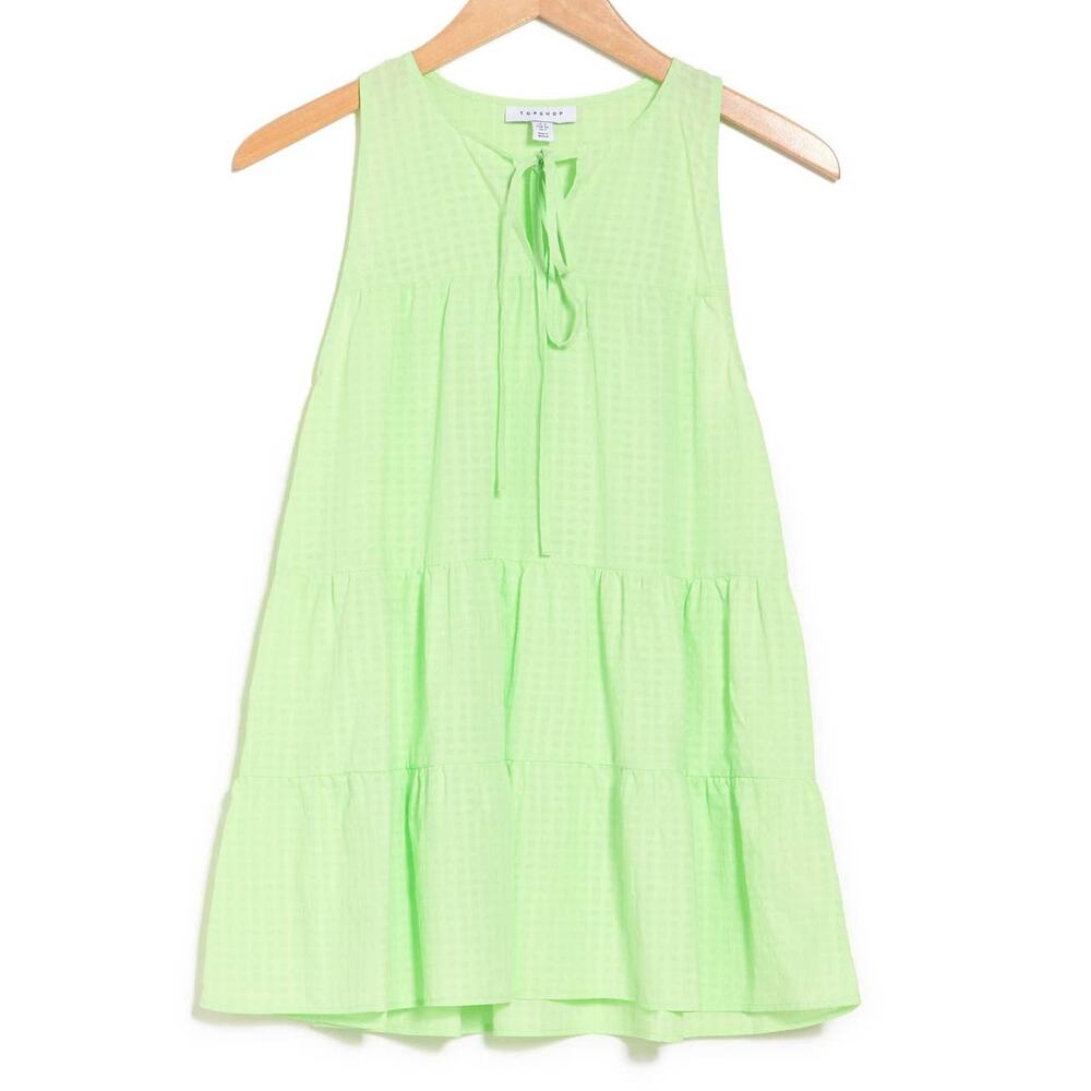 Topshop Mint Green Tiered Tonal Gingham Sleeveless Tie Neck Tunic Blouse 8